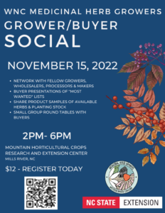 Notice about medicinal herb grower and buyer social on Nov 15, 2022