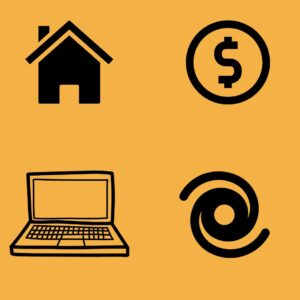 Decorative Icons, house, dollar sign, laptop, hurricane